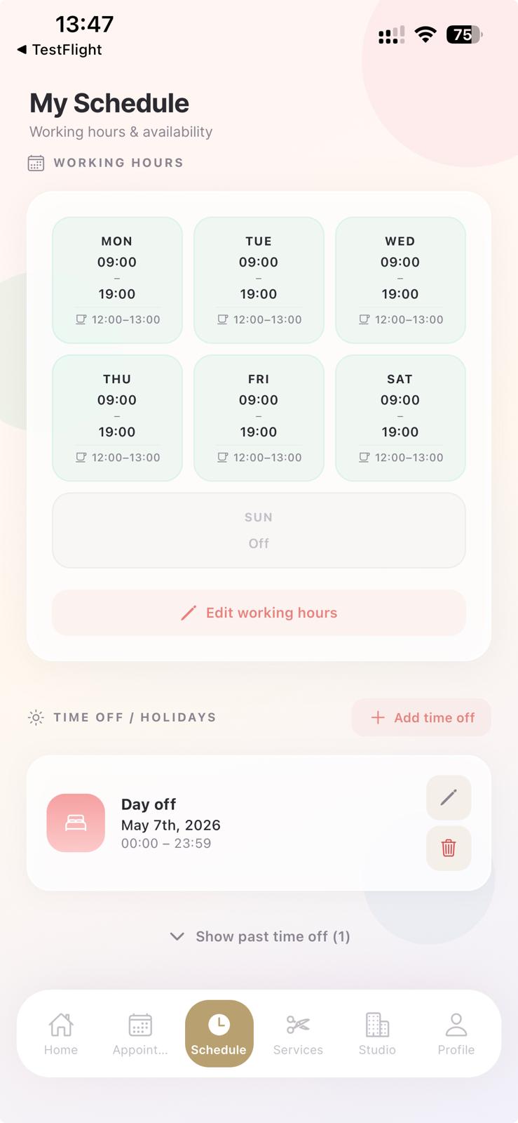 Professional schedule screen